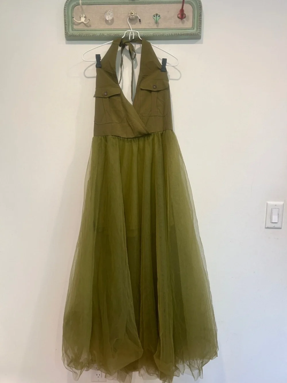 Ursime Olive Green Maxi Tulle halter cargo rocker Dress women’s medium new - Picture 8 of 10